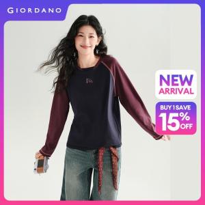Giordano Women Cat embroidery contrast raglan sleeve tee Free Shipping 18326529