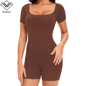 Wechery Womens Short Sleeve Shapewear Body Shaper Tummy Control Thigh Slimmer Pants Seamless Square Neck Bodysuit