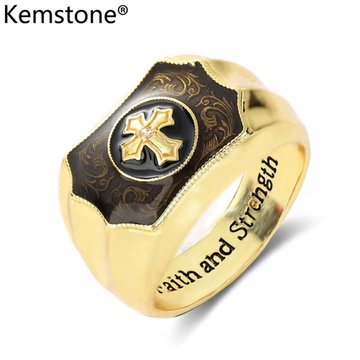 Kemstone Men Jewelry Gold Plated Cross Artificial Black Agate Faith and  Strength Rings