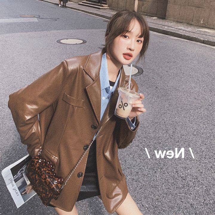 Women New Street Style Motorcycle Coat Long Sleeve Casual Brown Leather  jackets