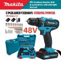 MAKITA Hand Electric Drill Heavy Duty 48V Cordless Power Impact Tools Kit with 2 Batteries with LED Light Wireless Drill. 