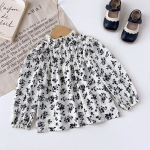 Gấu lãnh đạo mùa xuân và mùa thu Cô Gái Bộ váy phiên bản Hàn Quốc dài tay in hoa đầu + Đầm dây Bộ đồ hai mảnh 2-6 năm thời trang mặc