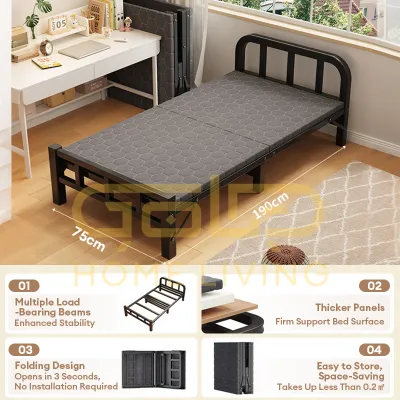 GOLD Foldable Bed Frame Portable Office Bed Black Single Bed katil bujang Bed Base/Katil Single Besi Lipat /Save Space for Bedroom Bedroom Furniture Katil Lipat 折叠床