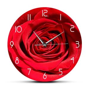 Sacesr Red Rose Printed Acrylic Glass Wall Clock For Wedding Confetti Decoration Floral Wall Art Bedroom Silent Clock Valentines Gift B3K9H