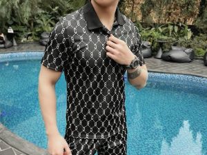 Bộ quần áo nam vân chữ mùa hè cổ bẻ chất vải CVC thoáng mát