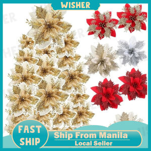 10Pcs /Set Christmas Glitter Christmas Flowers Faux Flowers Christmas Wreaths Decorative Flowers Christmas Tree Decorations Christmas Accessories