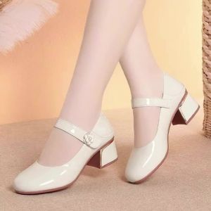 4cm British Style Shallow Mouth Breathable Bright Leather Shoes Mary Janes 2026 Spring Med Block Heels Shoes for Office Mom Work