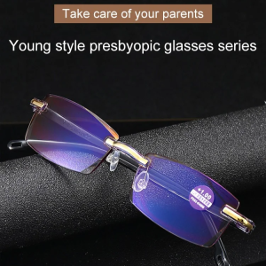 Reading glasses with prescription frameless diamond cut anti-blue light high definitionfoldable