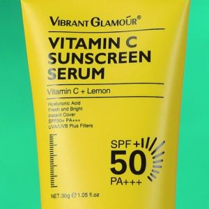 VIBRANT GLAMOUR Vitamin C Sunscreen Serum SPF 50+ PA+++ UVA/UVB Sunblock 50X C 3X Ceramide Repair Skin Moisturizing 30g