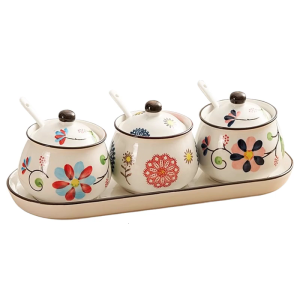 Complete Jar Ceramic Set Feature Underglaze Designs Comes With Utensils and Coordinating Display Tray