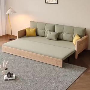 Solid Wood Sofa Bed White Waxwood Multifunctional Foldable Dual-Use Balcony Living Room Single Double Small Apartment Retractable Bed