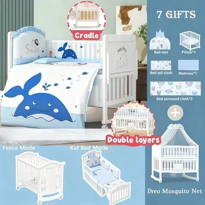 Playpark Baby Crib with White Solid Wood Multi-functional Baby Bed with Mosquito Net Wheels Mattress Gift for Newborn