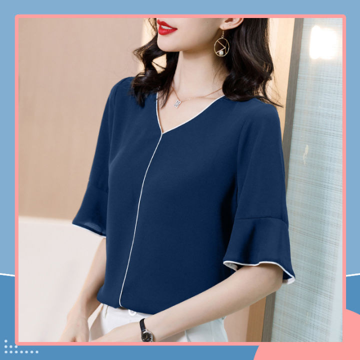 QJshop ปังมากแม่💥 เสื้อชีฟองคอวีแขนสามส่วน มี 5 สี🌈 เรียบหรูดูดีย์ ใส่ ...