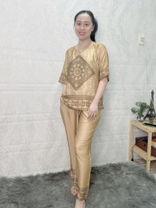 T19 Đồ bộ mặc nhà trung niên lụa Latin tay lở quần ống suông dài 9 tấc Bộ trung niên Huy Hà size lớn từ 50 - 75 kg