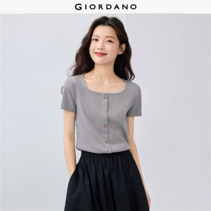 GIORDANO Women T-Shirts Fake Button Placket Rib Tee Square Neck Short Sleeve Slim Simple Basic Fashion Casual Tshirts 05325469