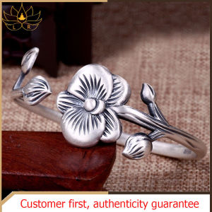 LR-Retro lotus open bracelet s925 silver bracelet young ladies bracelet auspicious jewelry high-end gift rich auspicious wish lotus bracelet