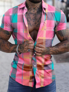 Color block plaid/plaid colorful casual mens shirt for daily wear weekend outing summer lapel short-sleeved 5XL fast shipping