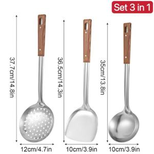 BINLU 3pcs Kitchen Cooking Utensils Set - Stainless Steel with Plastic Wooden Handle Soup Ladle Frying Spatula Skimmer Modern Design Easy Storage Space-Saving Complete Cookware Set for Home Cooks and Culinary Tasks