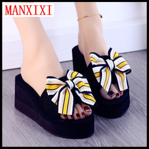 MANXIXI Brand Fashion Beautiful 2.36 Inches Wedge Sandals Bow Rubber Sole Sturdy Slippers For Women (Size 34-39)