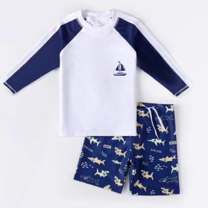 3-13 Years Old Kids 2PC Rashguard Set New Printed Design Long Sleeve Tops + Short Quick Dry Swimwear Set for Boy