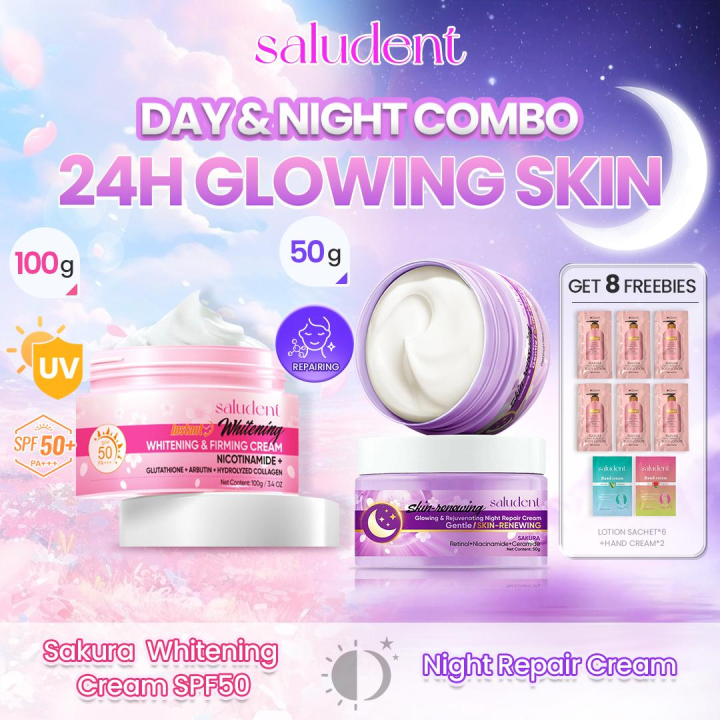 Saludent Whitening 100g+Firming Facial Cream50g Glowing &Rejuvenating Night  repair Cream Sakura Retinol Niacinamide Ceramide Nicotinamide Glutathione  Arbutin Glowing Sakura Cream SPF50 PA+++ - Lazada