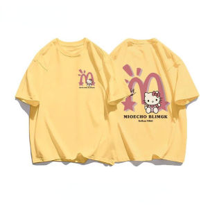 Cute Cartoon Kitty Printed Womens Round Neck Short Sleeved T-shirt Casual Retro Versatile Student Summer Tshirt