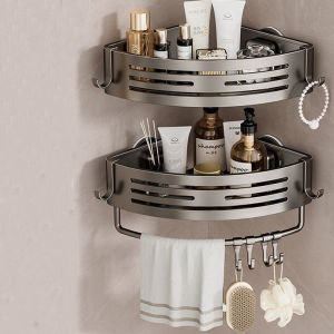 ALLUCK Aluminum Alloy Bathroom Corner Shelf Suction Cup with Plastic Hook Shower Storage Rack Durable No Drill Bathroom Organizer Bathroom Supplies