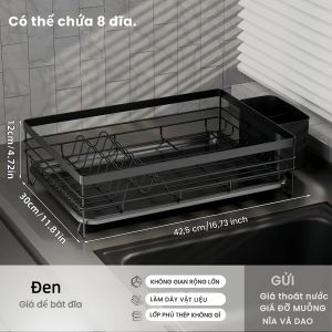 Giá để bát đĩa nhà bếp giá để bát đĩa bằng kim loại giá để cốc có khay thoát nước màu đen có thể điều chỉnh.