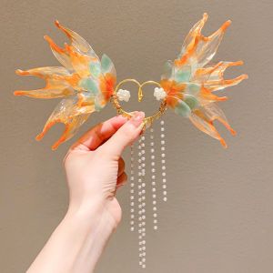 BESTOURO A Pair Khuyên tai ngọc trai Bông tai tua rua công chúa nàng tiên cá Phụ Kiện Tóc Hanfu Phong Cách Cổ Đại Trang sức khuyên tai Thời trang Làm thủ công Kẹp tai hình bướm dành cho Trang Phục Cosplay