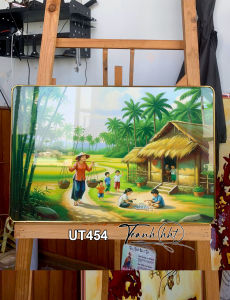 Tranh làng quê việt nam treo tường tranh sơn dầu đồng quê 3d tráng gương treo tường tranh đồng quê tranh quê hương ruộng lúa chín sinh hoạt thường ngày tráng gương treo tường UT454