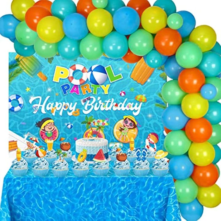 Surprise swimming pool birthday party children's decoration, summer beach  party supplies balloon wreath set, birthday strap, beach themed cake top,  swimming pool party tablecloth