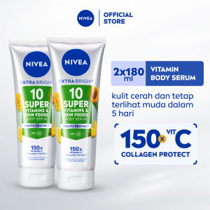 NIVEA Body Serum Extra Bright 10 Super Vitamins Youth Protect SPF15 180ml x2 - Hand body serum lotion moisturizer mencerahkan kulit mengencangkan kulit kendur melembabkan anti aging penuaan dini - 150x Vitamin C Collagen antioksidan