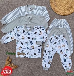 Salwa Baby - Paket hemat Isi 3 Setel Usia 0-18 Bulan // Baju Kancing Depan Dan Celana Panjang Diapers// Motif Laki-laki Perempuan Seris Abu Huruf