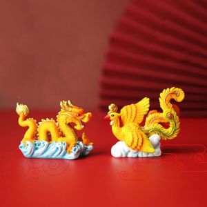 DVFDA Mythical Animal Dragon and Phoenix Ornaments Resin Chinese Style Baking Cake Decoration Cheerful Miniature New Year Ornament Home