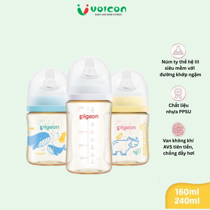 Bình Sữa Pigeon PPSU Thế Hệ III Softouch Baby-Friendly World 160ml/240ml - Nhiều Hoạ Tiết