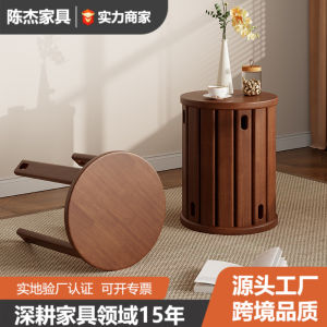 Ghế đôn gỗ tự nhiên có bánh xe ghế tròn xếp chồng ghế thấp phòng ăn nhà bếp phong cách tân Trung Hoa