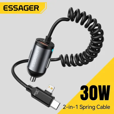 Essager 30W 2-in-1 Type-C+iPhone Plug USB-A Ports Car Charger Built-in Retractable Flexible Stretchable Cable Fast Charging Built-in Type C+Lightning Spring Cable Car Chargers For Tablet iPad iPhone17 16 15 Huawei Samsung Xiaomi Switch