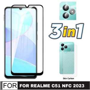 Promo Paket 3 in 1 Tempered Glass Realme C67 4G / Realme 11 4G 2023 / Realme C51 NFC / Realme C53 NFC / Realme Narzo 50i Prime 2022 Anti Gores Layar Tepi Hitam + Kamera + Garskin