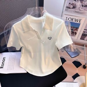 2024 Summer Womens Fashion Trend Pure Cotton Sweat-absorbing and Fashionable Irregular Shoulder Short Style Simple and Versatile Polo Neck Short Sleeve T-shirt