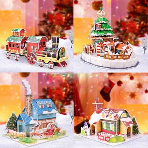 YOUSHI TOP Train Christmas 3D Puzzle Christmas House Christmas Tree Paper Card Jigsaw Educational Assembly Building Blocks Children Model Toy Christmas Gifts