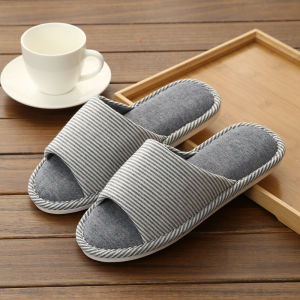 Japanese style mens stripe linen soft bottom home wooden floor anti slip silent slippers