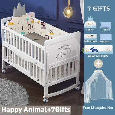 PlayPark Baby Crib Solid Wooden Baby Bed with Mattress Mosquito Net Wheels 120cm 106cm Newborn Crib Bed for Baby