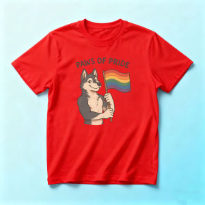 PAWS OF PRIDE Summer Men Cotton Crew Neck Tee Retro Furry Wolf Rainbow Banner Print Animal Lover Holiday Apparel