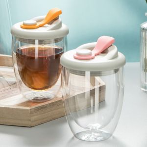 J2UQR3 Insulated Glass Cup with Lid Cold/Heat Resistant Leak-Proof Portable Water Cup Durable Egg-Shaped Transparent Tumbler Juice