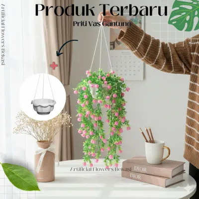 BUNGA PRITI + POT GANTUNG TALI (PGT)/ bunga hias/ Juntai Artificial Plastik Imitasi Palsu