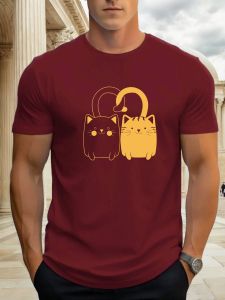 2025 Summer Mens Cotton T Shirt Double Cat Trendy Print Round Neck T-Shirt Casual Breathable Street Style Daily Top