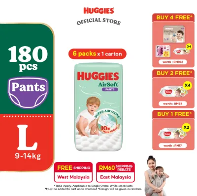 [Peekaboo 03.08 - 05.08] Huggies AirSoft Pants Diapers L30 (6 packs) - Breathable and Soft Premium Diapers for Baby