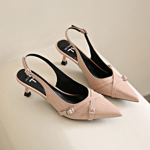 Venalisa รองเท้าแตะส้นสูงผู้หญิง หนังแท้ รองเท้าส้นเข็มหัวแหลม 3 นิ้ว ความสง่างามแบบย้อนยุค