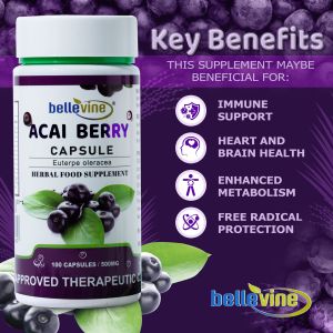 Bellevine Acai Berry Capsules 500mg – 100s | Organic Herbal Food Supplement & Antioxidant Support FDA Approved