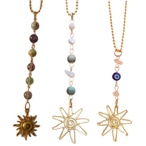 Handmade Bohemian Chain with Natural Stone Sun Shaped Pendant Phone Charm Ethnic Style Cellphone Lanyard Accessory